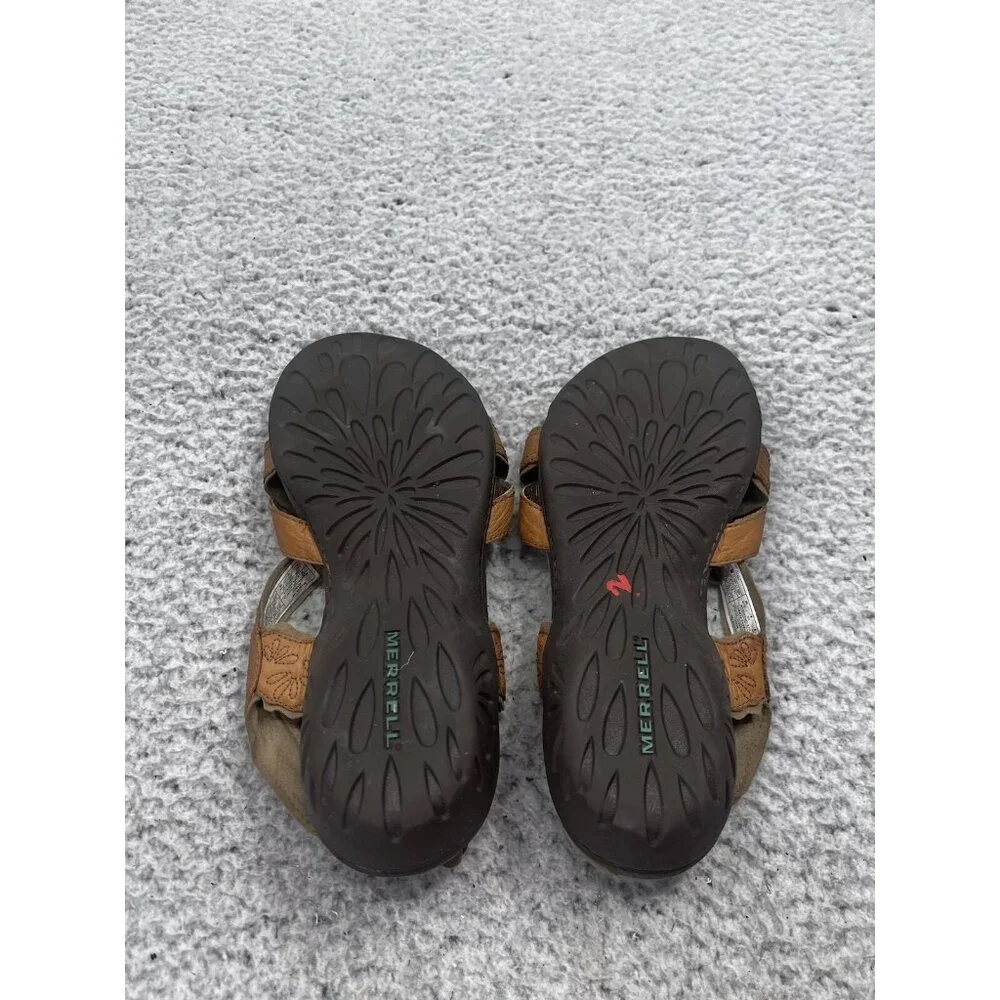 Women's Merrell Bassoon Tan Leather Strappy Open Toe Buckle Sandals Size 8 - Picture 9 of 10